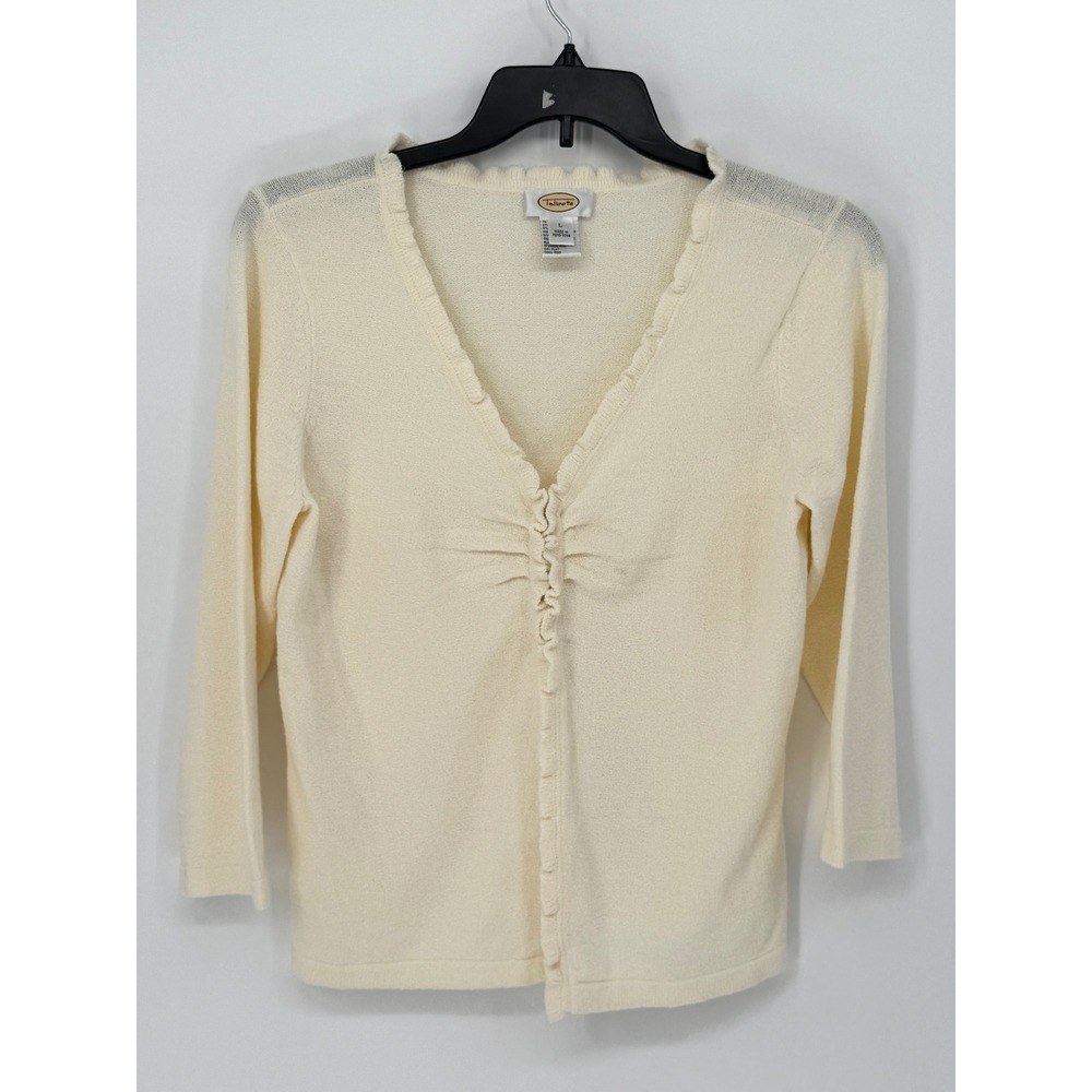 Talbots Cream Ruffle V-Neck Ruched Hook & Eye Bouclé Knit Cardigan Sweater Large